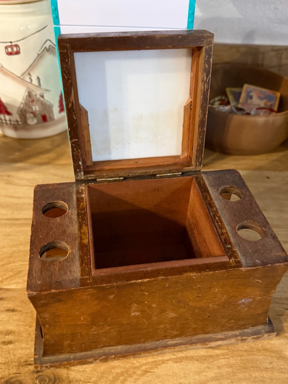 Vintage Wood 4 Pipe Holder Wooden Tobacco Box Humidor Mid Century Home Decor